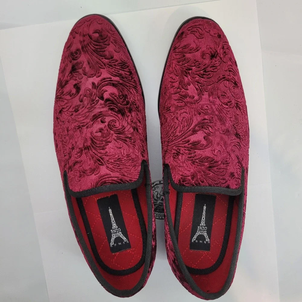 Enzo Romeo Loafers Mens 6.5 Burgundy Velvet Floral Damask Embossed Dress Shoes